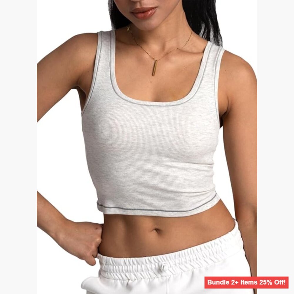 Fitted Crop Tank Top with Removable Pads, Ribbed Cotton Blend for Workouts
